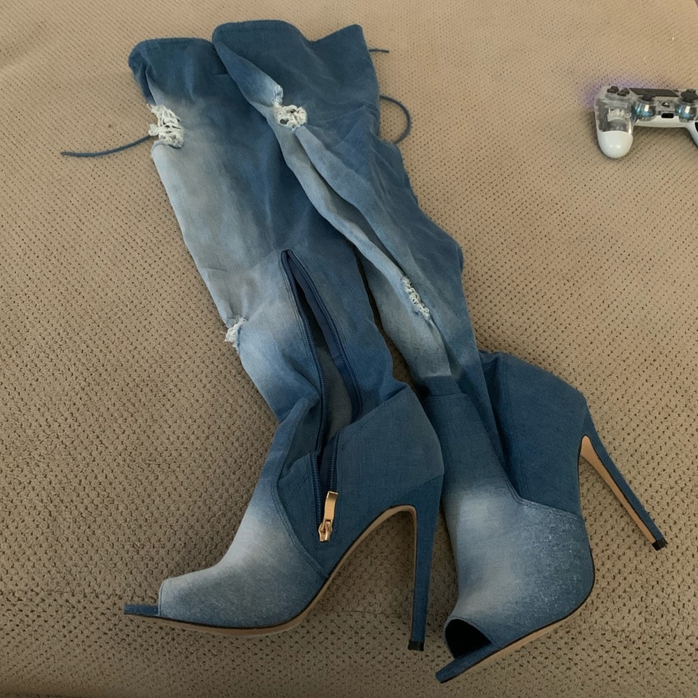 Thigh High jean open toe boots